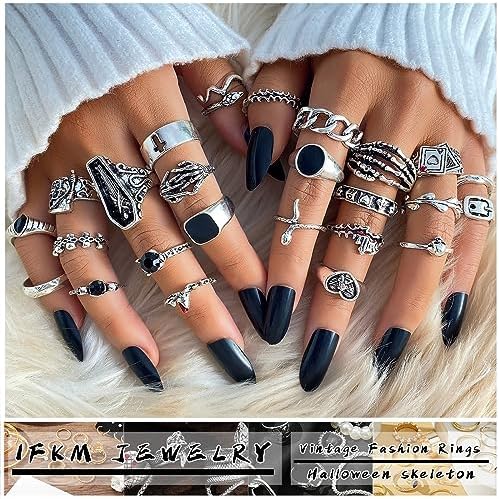 IFKM Vintage Silver Knuckle Rings Set For Women Stackable Joint Finger Statement Rings Bohemian Retro Hollow Carved Midi Rings Boho Halloween Skeleton Skull Snake Heart Chunky Stacking Rings Pack