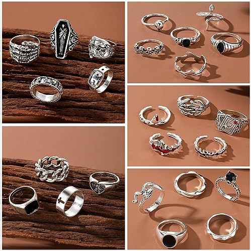 IFKM Vintage Silver Knuckle Rings Set For Women Stackable Joint Finger Statement Rings Bohemian Retro Hollow Carved Midi Rings Boho Halloween Skeleton Skull Snake Heart Chunky Stacking Rings Pack
