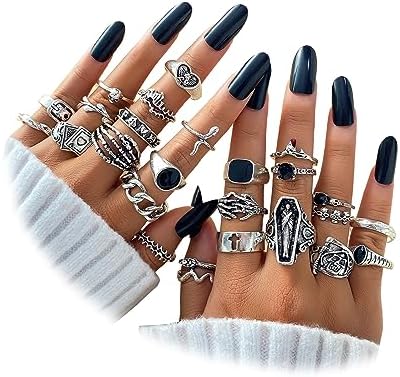 IFKM Vintage Silver Knuckle Rings Set for Women Stackable Joint Finger Statement Rings Bohemian Retro Hollow Carved Midi Rings Boho Halloween Skeleton Skull Snake Heart Chunky Stacking Rings Pack