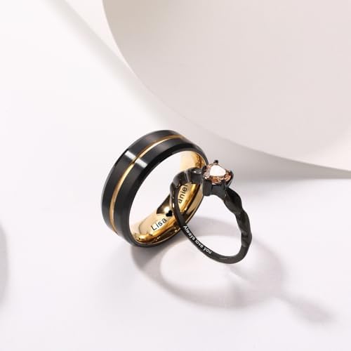 INBLUE Personalized Promise Rings For Couples Engraved Text Ring With Heart Gemstone Stainless Steel Matching Couple Rings For Him And Her On Engagement Wedding