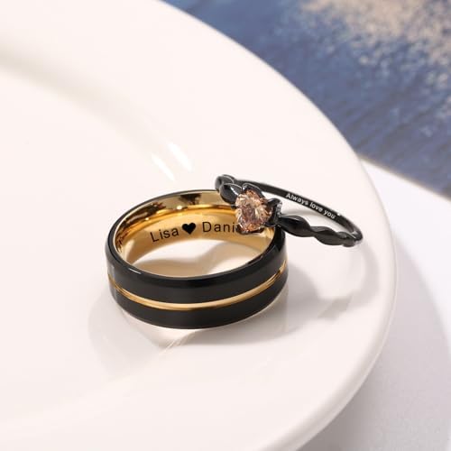 INBLUE Personalized Promise Rings For Couples Engraved Text Ring With Heart Gemstone Stainless Steel Matching Couple Rings For Him And Her On Engagement Wedding