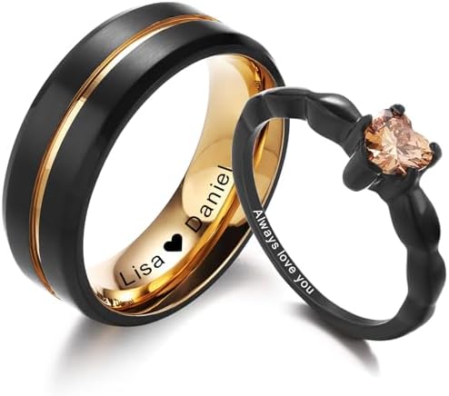 INBLUE Personalized Promise Rings for Couples Engraved Text Ring with Heart Gemstone Stainless Steel Matching Couple Rings for Him and Her on Engagement Wedding