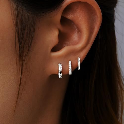 Inerney Gold Huggie Hoop Earrings Set For Women Dainty Small Sterling Silver Earring Stacks Hypoallergenic Jewelry For Multiple Piercings Trendy Twisted Cute Cartilage Hoops Birthstone Gift 3 Pairs