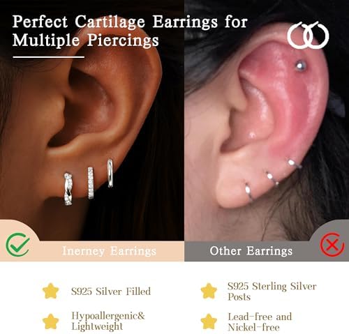 Inerney Gold Huggie Hoop Earrings Set For Women Dainty Small Sterling Silver Earring Stacks Hypoallergenic Jewelry For Multiple Piercings Trendy Twisted Cute Cartilage Hoops Birthstone Gift 3 Pairs