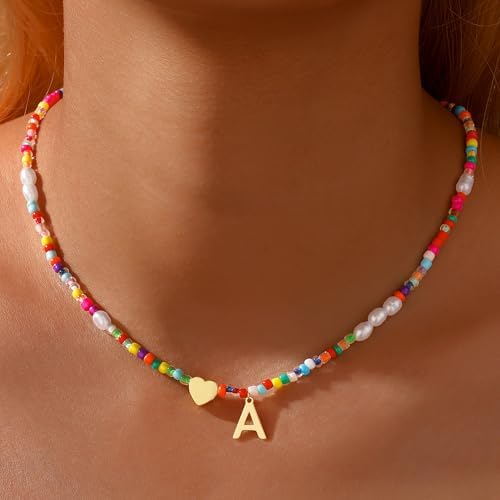 Initial Necklaces For Girls Gifts - Colorful Beaded Pearl Heart Initial Necklaces For Women Kids Teen Girl Gifts Trendy Stuff Cute Boho Choker Necklace For Girls Jewelry Birthday Gift