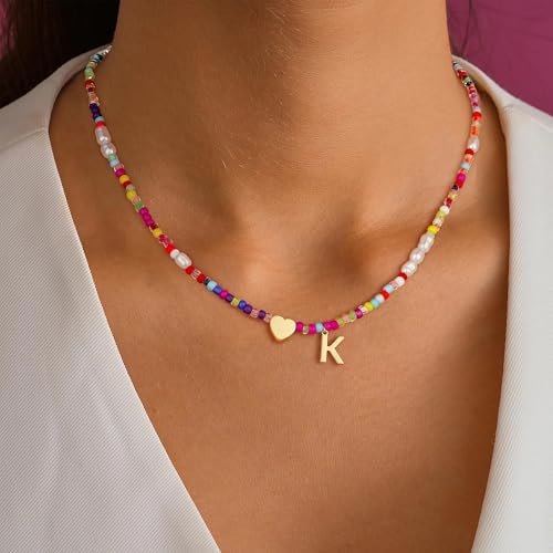 Initial Necklaces For Girls Gifts - Colorful Beaded Pearl Heart Initial Necklaces For Women Kids Teen Girl Gifts Trendy Stuff Cute Boho Choker Necklace For Girls Jewelry Birthday Gift