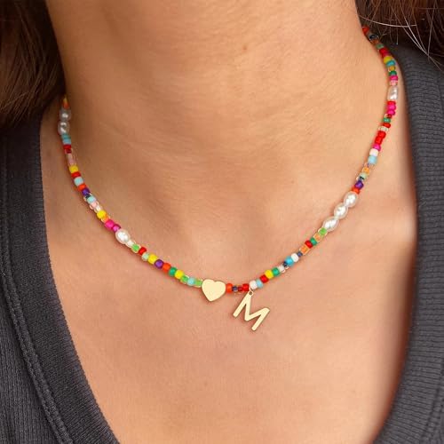 Initial Necklaces For Girls Gifts - Colorful Beaded Pearl Heart Initial Necklaces For Women Kids Teen Girl Gifts Trendy Stuff Cute Boho Choker Necklace For Girls Jewelry Birthday Gift