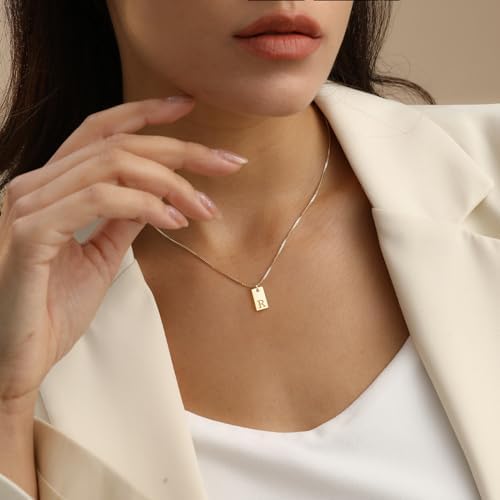 Initial Necklaces For Women 14K Gold Plated Letter Necklace Dainty Gold Name Necklace Personalized Initial Tag Pendant Necklace For Women Trendy Gold Jewelry