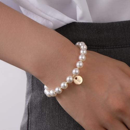 Initial Pearl Bracelet Flower Girl Bracelet Proposal Gifts For Girls Dainty Gold Pearl Bracelets With Letter A-Z Personalized Name Jewelry Birthday Christmas Wedding Party Gift For Her