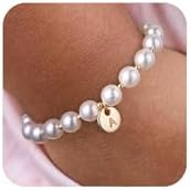 Initial Pearl Bracelet Flower Girl Bracelet Proposal Gifts for Girls Dainty Gold Pearl Bracelets with Letter A-Z Personalized Name Jewelry Birthday Christmas Wedding Party Gift for Her