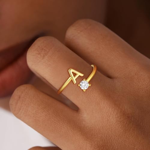 Initial Rings For Girls Women - Dainty 14K Gold Plated Dainty A - Z Initial Letter Rings No Tarnish Teen Girls Gifts Trendy Stuff Birthday Gifts For 5 6 7 8 9 10 Year Old Girl