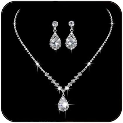 JAKAWIN 新娘银新娘项链耳环套装水晶婚礼首饰套装女士水钻颈链(3 件套)(NK144-3)