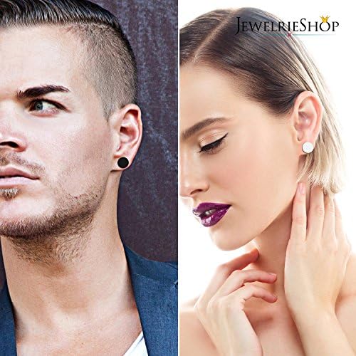 JewelrieShop Black Faux Gauges Plugs Earrings For Men Stainless Steel Dot Disc Studs Circle Flat Back Cheater Tunnel Dumbbell Earrings Women(18 Gauges 2 Pairs 3-14mm Black And Silver)