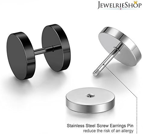 JewelrieShop Black Faux Gauges Plugs Earrings For Men Stainless Steel Dot Disc Studs Circle Flat Back Cheater Tunnel Dumbbell Earrings Women(18 Gauges 2 Pairs 3-14mm Black And Silver)