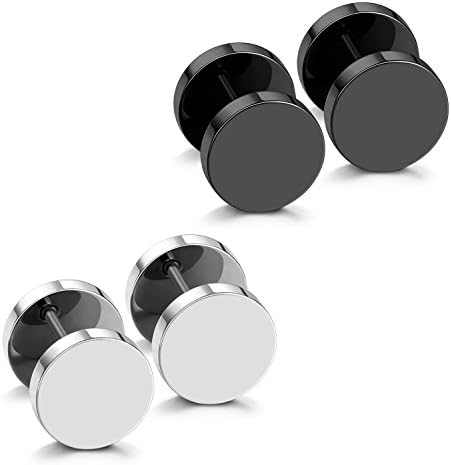 JewelrieShop Black Faux Gauges Plugs Earrings for Men Stainless Steel Dot Disc Studs Circle Flat Back Cheater Tunnel Dumbbell Earrings Women(18 Gauges 2 Pairs 3-14mm Black and Silver)