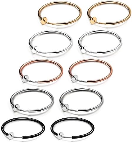 JewelrieShop Clip on Hoop Earrings for Women Fake Nose Ring Faux Lip Septum Ring Fake Cartilage Earrings Spring Endless Hoop Earrings Non Piercing Lobes Men (5 Pairs 13mm-25mm Mixed Colors/Sized)