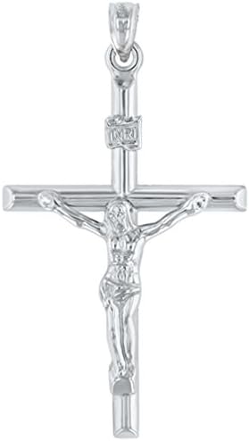 Jewelry America 14K White Gold INRI Crucifix Tubular Simple Polished Cross Pendant