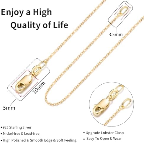 Jewlpire 18k Gold Plated 925 Sterling Silver Chain Necklace For Women 1.1mm Cable Chains Necklace Thin & Dainty & Sturdy Women's Chain Necklaces 14/16/17/18/20/22/24 Inches