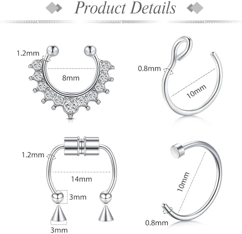 JFORYOU Fake Eyebrow Ring Fake Lip Labret Studs Replacement Balls Spike With 100pcs Sticker Non-Piercing Body Jewelry Fake Skin Piercing