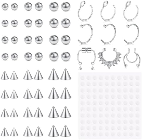 JFORYOU Fake Eyebrow Ring Fake Lip Labret Studs Replacement Balls Spike with 100pcs Sticker Non-Piercing Body Jewelry Fake Skin Piercing