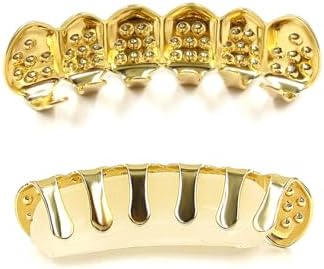 JINAO Diamond Grills For Your Teeth 14K Gold Plated Iced Out Mouth Teeth Grillz Top Bottom Tooth Caps Hip Hop Bling New Gold Silver Grill For Men Women Costume Jewelry