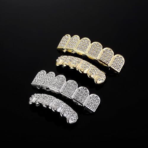 JINAO Diamond Grills For Your Teeth 14K Gold Plated Iced Out Mouth Teeth Grillz Top Bottom Tooth Caps Hip Hop Bling New Gold Silver Grill For Men Women Costume Jewelry