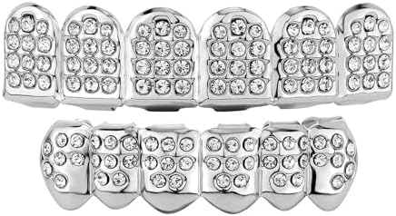 JINAO Diamond Grills for Your Teeth 14K Gold Plated Iced Out Mouth Teeth Grillz Top Bottom Tooth Caps Hip Hop Bling New Gold Silver Grill for Men Women Costume Jewelry