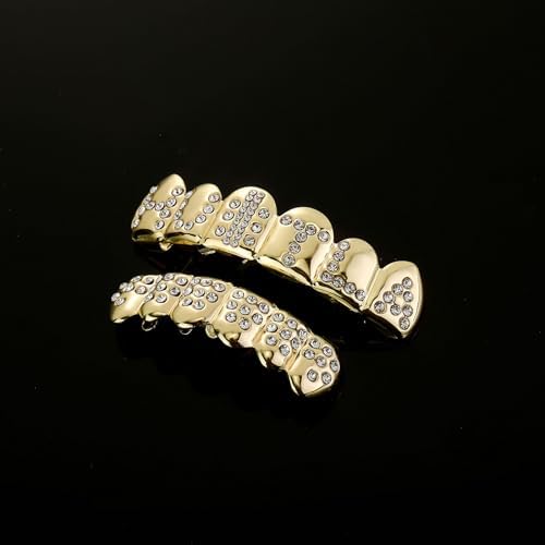 JINAO Gold Grill 14K Gold Plated Iced Out Teeth Grillz Top Bottom Tooth Caps Hip Hop Bling Gold Shiny Mouth Grills For Your Teeth