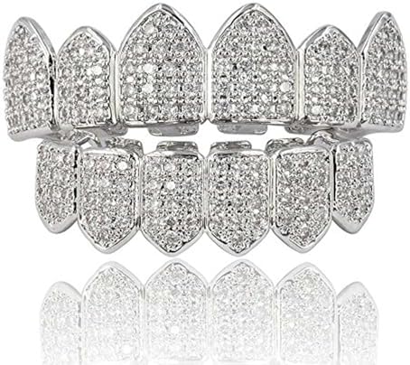 JINAO Grillz Diamond Grills for Your Teeth for Men Women 18K Gold Plated Iced Out Macro Pave Cubic Zirconia Mouth Grill with Extra Molding Bars Included