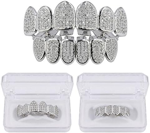 JINAO Grillz Grills For Your Teeth Simulated Diamond Teeth Grillz With Extra Molding Bars Included 18K Gold Plated All Iced Out Cubic Zirconia Golden Teeth For Men Women