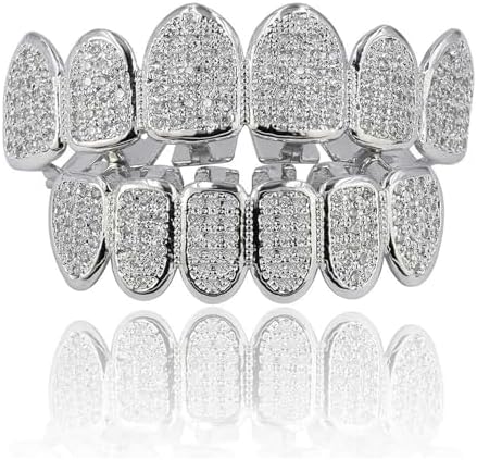 JINAO Grillz Grills for Your Teeth Simulated Diamond Teeth Grillz with Extra Molding Bars Included 18K Gold Plated All Iced Out Cubic Zirconia Golden Teeth for Men Women