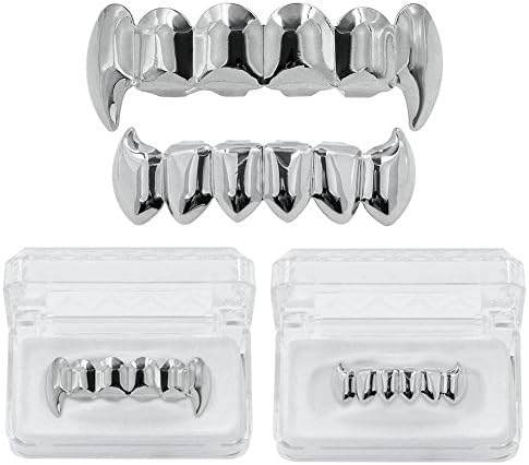 JINAO Vampire Teeth Fang Grillz 18K Gold Silver Plated Hip Hop Fangs Top Bottom Teeth Grills For Your Teeth Set For Men And Women