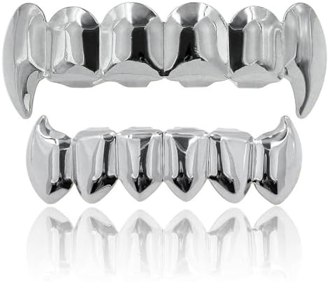 JINAO Vampire Teeth Fang Grillz 18K Gold Silver Plated Hip Hop Fangs Top Bottom Teeth Grills for Your Teeth Set for Men and Women