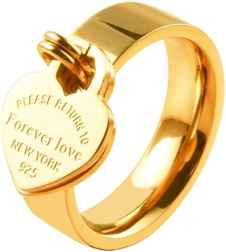 JINHUI Rings with Charms for Girlfriend 6mm Heart Dangle Ring Graducation Gift 18k Gold Plated Ring Engraved Promise Ring Jewelry