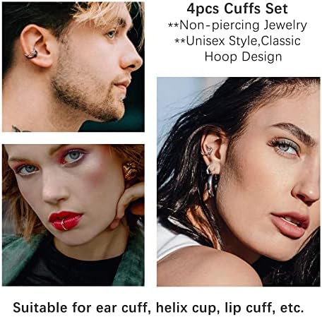 Jovivi 2 Pairs 16g Stainless Steel Fake Lip Ear Nose Stud Ring Clip On Cartilage Non Piercing Rings Hoop Gothic