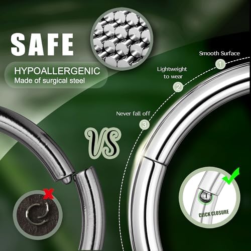 Jstyle 8Pcs 18G Stainless Steel Hinged Clicker Segment Nose Ring Hoop Piercing For Men Women Cartilage Daith Tragus Sleeper Earrings Improved Clasp 6-12MM