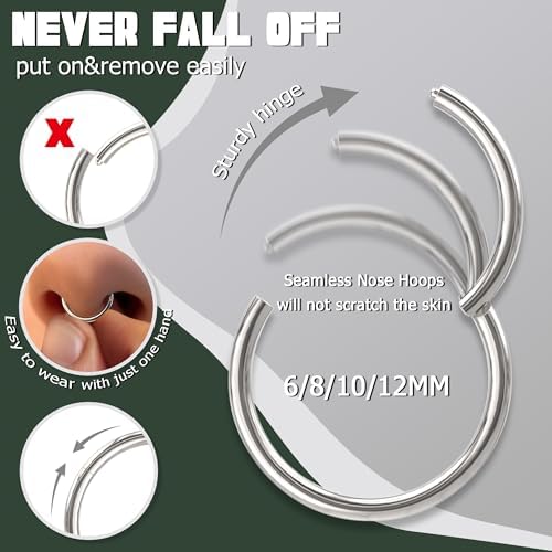 Jstyle 8Pcs 18G Stainless Steel Hinged Clicker Segment Nose Ring Hoop Piercing For Men Women Cartilage Daith Tragus Sleeper Earrings Improved Clasp 6-12MM