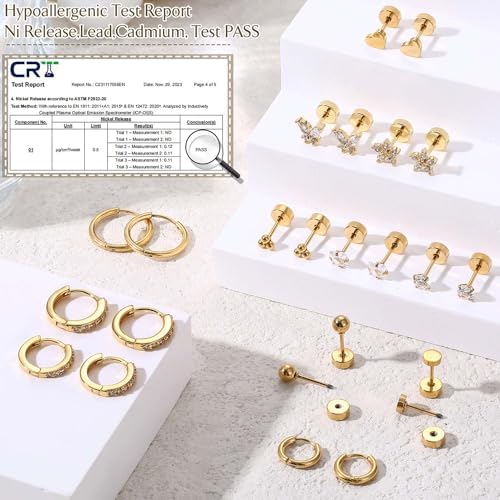 Jstyle Hypoallergenic 14K Gold Plated Flat Back Earrings For Women Men Surgical Stainless Steel Earrings For Sensitive Ears Small Stud Hoop Cartilage Earring Stack Set For Multiple Piercing Jewelry