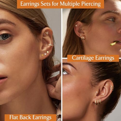 Jstyle Hypoallergenic 14K Gold Plated Flat Back Earrings For Women Men Surgical Stainless Steel Earrings For Sensitive Ears Small Stud Hoop Cartilage Earring Stack Set For Multiple Piercing Jewelry