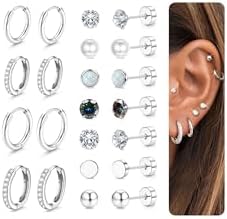 Jstyle Hypoallergenic Stud Hoop Earrings for Women Small Flat Back Surgical Stainless Steel Earrings for Sensitive Ears Trendy Silver Hoops Cartilage Earring Stacks Set Multiple Piercing Jewelry Gifts