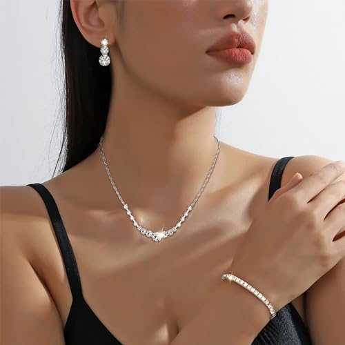 Jstyle Silver Plated Jewelry Set For Women Rhinestone Crystal Necklace Drop Earrings Link Bangle Bracelet Bridal Wedding Jewelry Sets For Brides Bridemaid Prom Costume Accessories