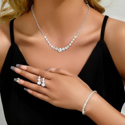 Jstyle Silver Plated Jewelry Set For Women Rhinestone Crystal Necklace Drop Earrings Link Bangle Bracelet Bridal Wedding Jewelry Sets For Brides Bridemaid Prom Costume Accessories