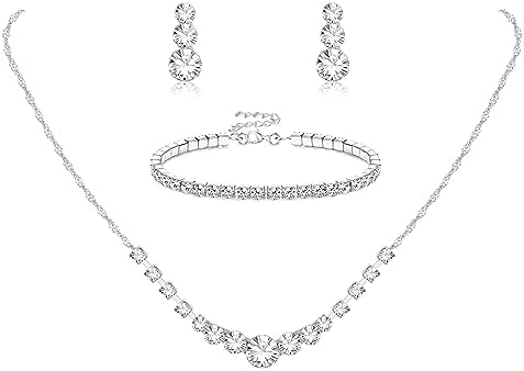 Jstyle Silver Plated Jewelry Set for Women Rhinestone Crystal Necklace Drop Earrings Link Bangle Bracelet Bridal Wedding Jewelry Sets for Brides Bridemaid Prom Costume Accessories