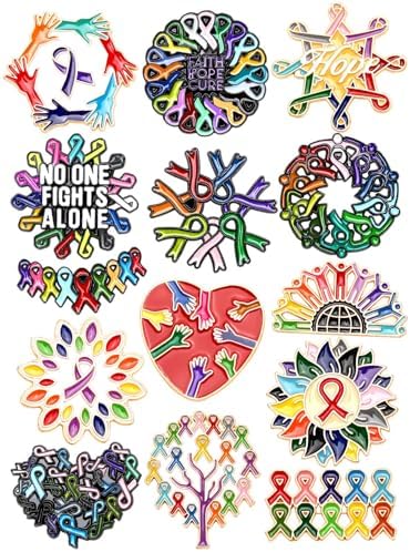 JUNEBRUSHS 28pcs Cancer Awareness Pins Ribbon Lapel Pins for Cancer Fighters Survivors Inspirational Favor Charity Campaign Decor Accessories