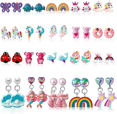 Kids Clip On Earrings for Girls 20/30/40 Pairs Hypoallergenic Clip on Earrings for Kids Cute Animal Earrings for Little Girls Jewelry Set Party Favor Gift