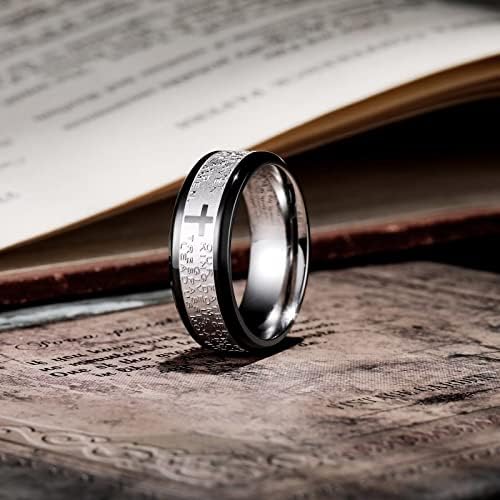 King Will Stainless Steel Men Ring 8mm Lord's Prayer Cross Ring Stainless Steel Men Wedding Ring Gold/Silver/Black Wedding Band Bible Engraved Rings High Polished Comfort Fit Size 7-14
