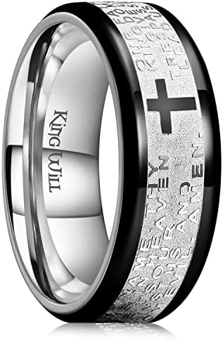 King Will Stainless Steel Men Ring 8mm Lord's Prayer Cross Ring Stainless Steel Men Wedding Ring Gold/Silver/Black Wedding Band Bible Engraved Rings High Polished Comfort Fit Size 7-14