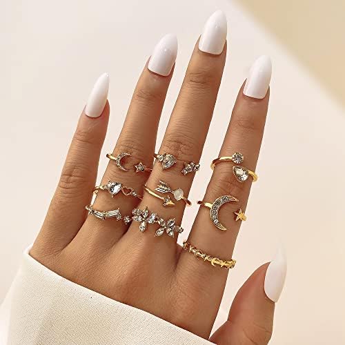 KISS WIFE Golden Stackable Moon Star Knuckle Rings Set For Women Boho Dainty Lightweight Stacking Rings Vintage Midi Rings Pack Trendy Jewelry