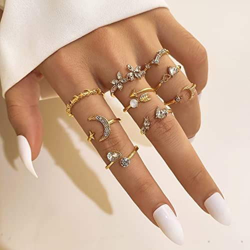 KISS WIFE Golden Stackable Moon Star Knuckle Rings Set For Women Boho Dainty Lightweight Stacking Rings Vintage Midi Rings Pack Trendy Jewelry
