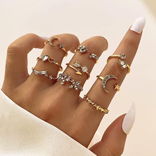 KISS WIFE Golden Stackable Moon Star Knuckle Rings Set For Women Boho Dainty Lightweight Stacking Rings Vintage Midi Rings Pack Trendy Jewelry